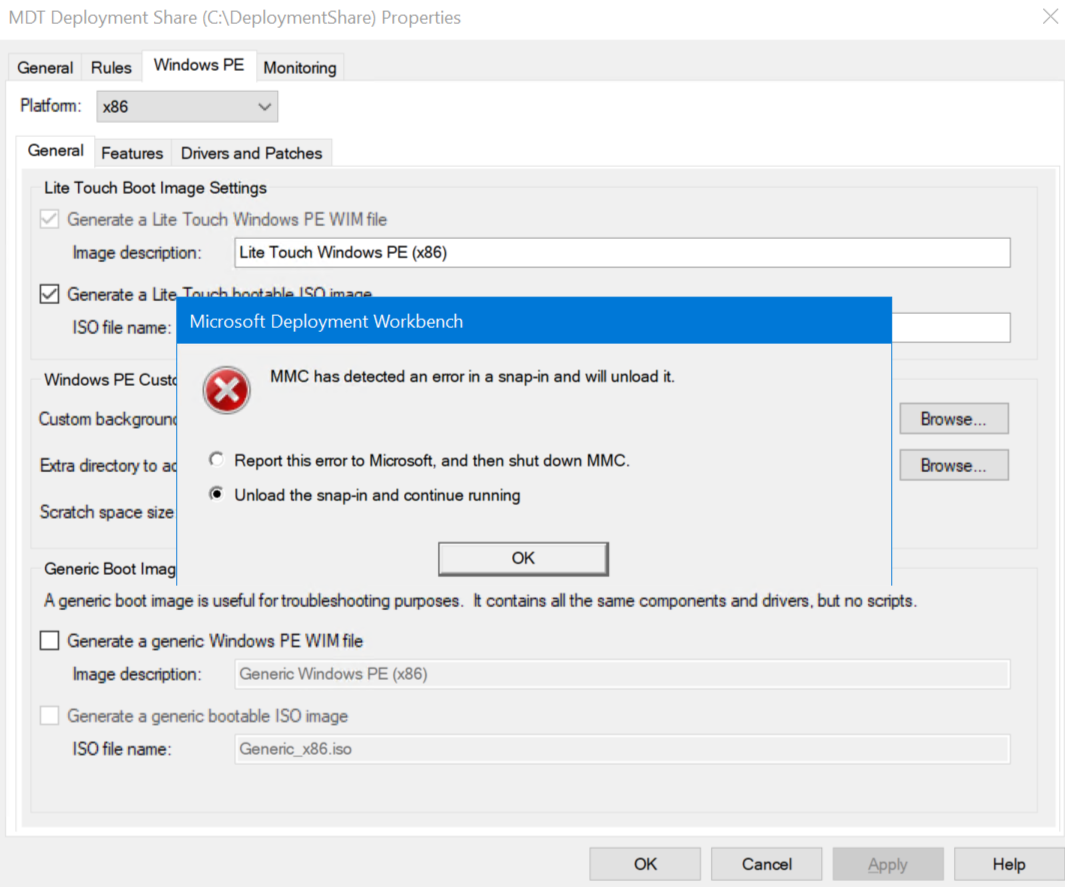 Microsoft Deployment Workbench Windows PE x86 Crash image 1